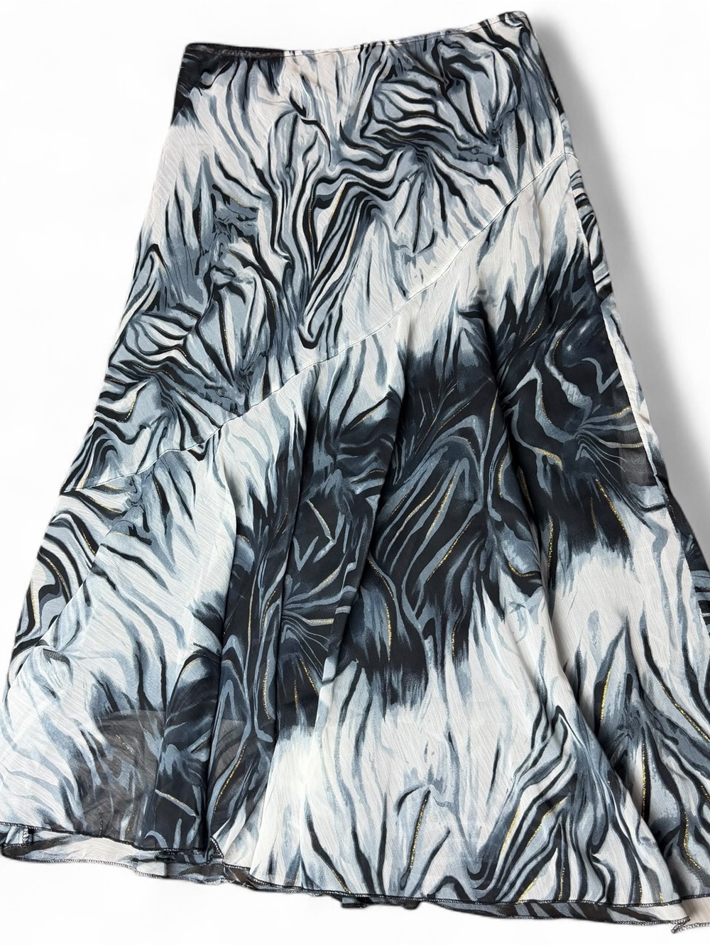 Y2K Whimsigoth Chiffon Midi Skirt Tiger Marble Print Gold Lurex Asymmetric L